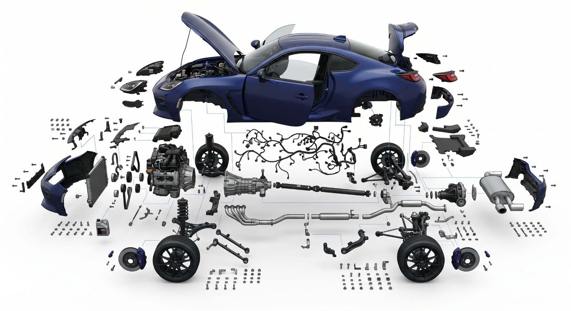 Exploded technical view of a car, every serviceable part separated and connected by leader lines